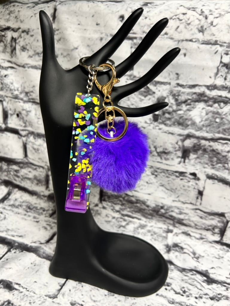 Card clip grabber with pom pom key chain