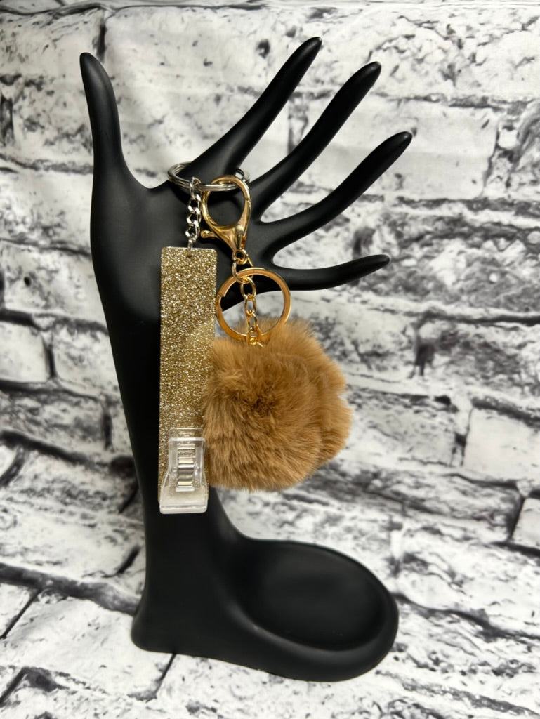 Card clip grabber with pom pom key chain