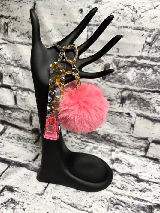 Card clip grabber with pom pom key chain