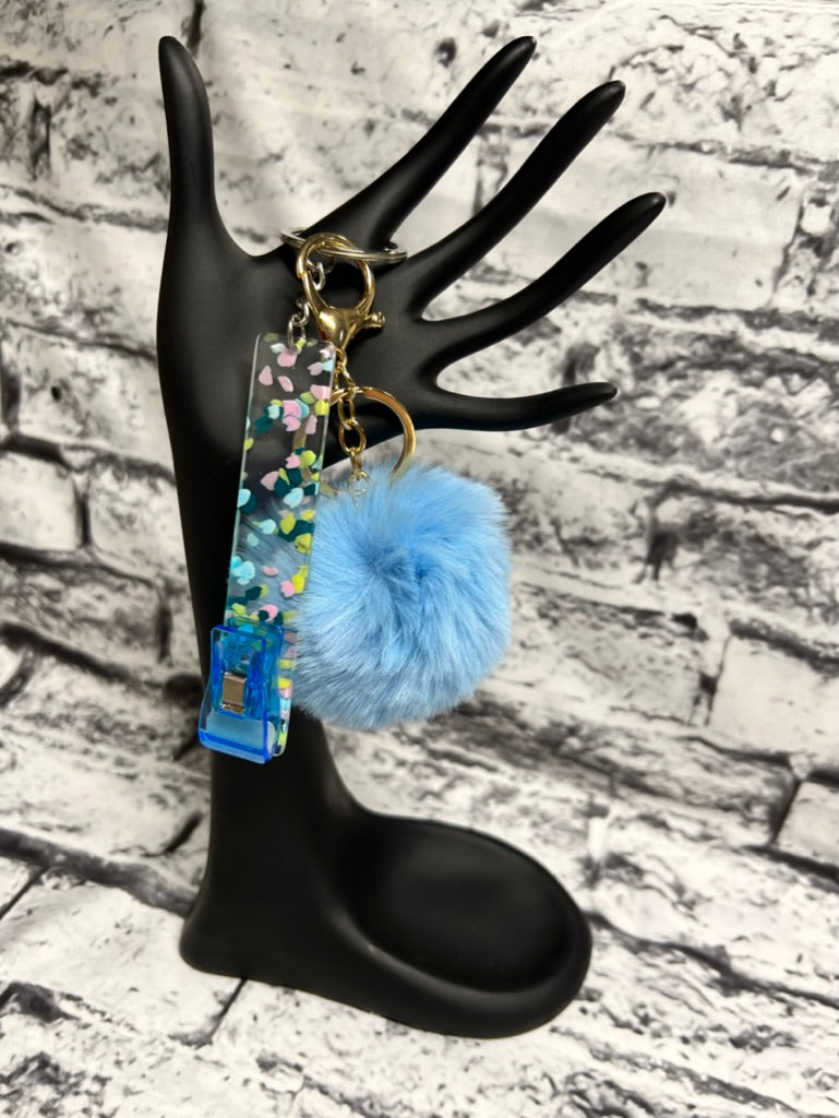 Card clip grabber with pom pom key chain